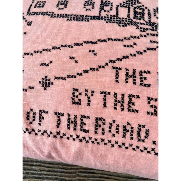 Vintage 1930s Feather Pillow Cross Stitched "the House by the Side Of the Road" - Picture 9 of 14